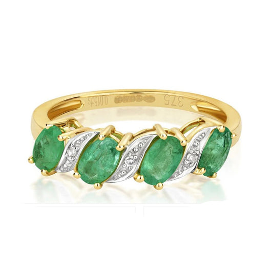 Real Emerald and Diamond Eternity Ring Solid Yellow Gold Oval Gemstone Band