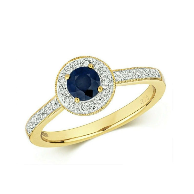 Real Sapphire and Diamond Ring 9ct Yellow Gold Round Cluster Halo Engagement