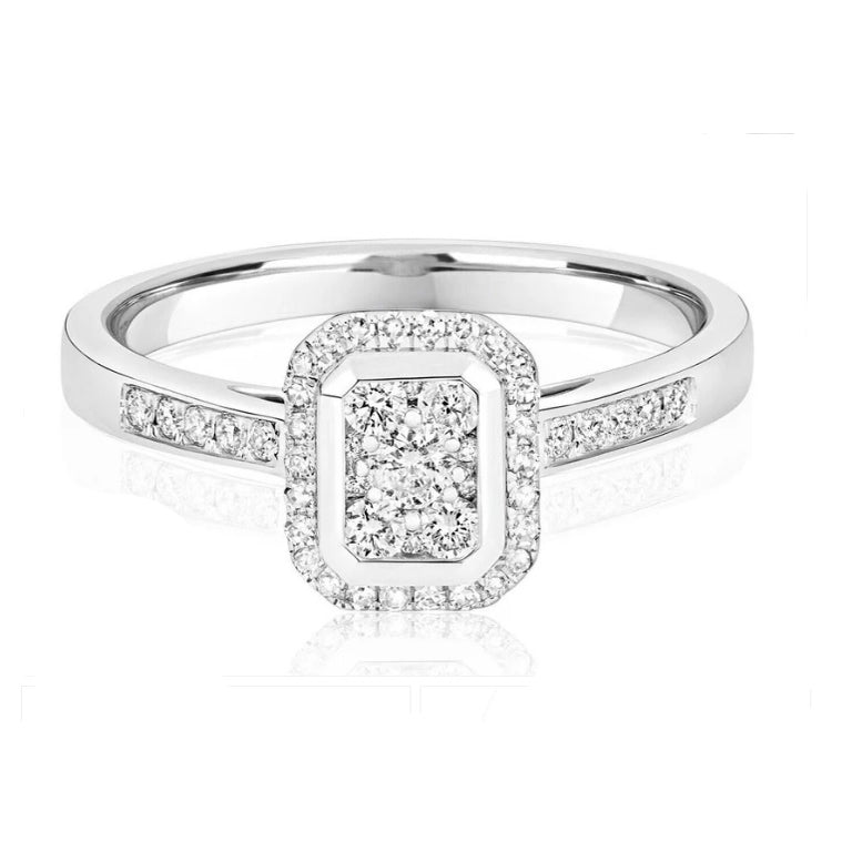 Real Diamond Ring 9ct White Gold Rectangular Halo Cluster Engagement 0.33ctw