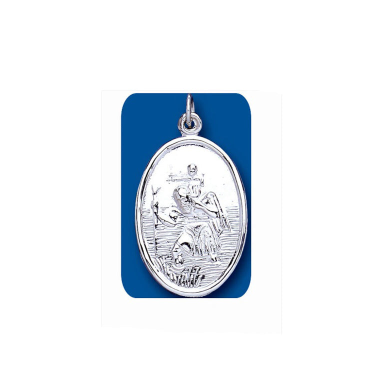 J R Jewellery oval engraved sterling silver St Christopher pendant showing saint carrying child over water