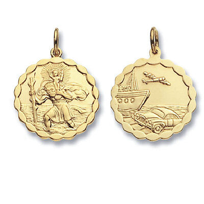 J R Jewellery yellow gold St Christopher pendant double sided scalloped medallion with travel symbols car boat plane