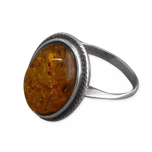 Cognac Amber Oval Statement Ring With Rope Edge Solid Sterling Silver