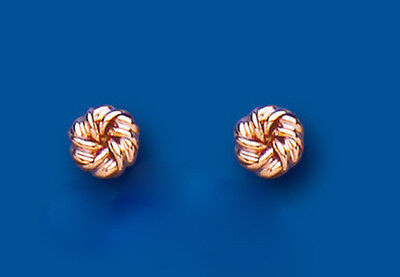 J R Jewellery rose gold knot stud earrings with intricate twisted design on a blue background