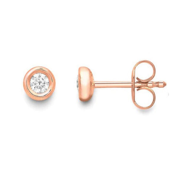 18ct Rose Gold Diamond Solitaire Earrings Rub Over Smooth Setting