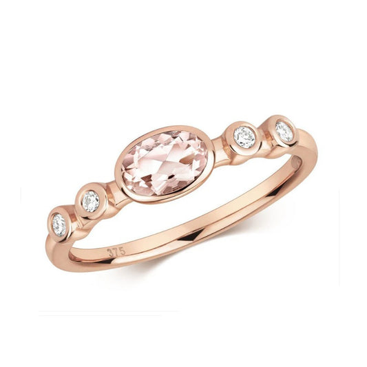 Real Morganite Solitaire and Diamond Ring Solid Rose Gold Size J - Q