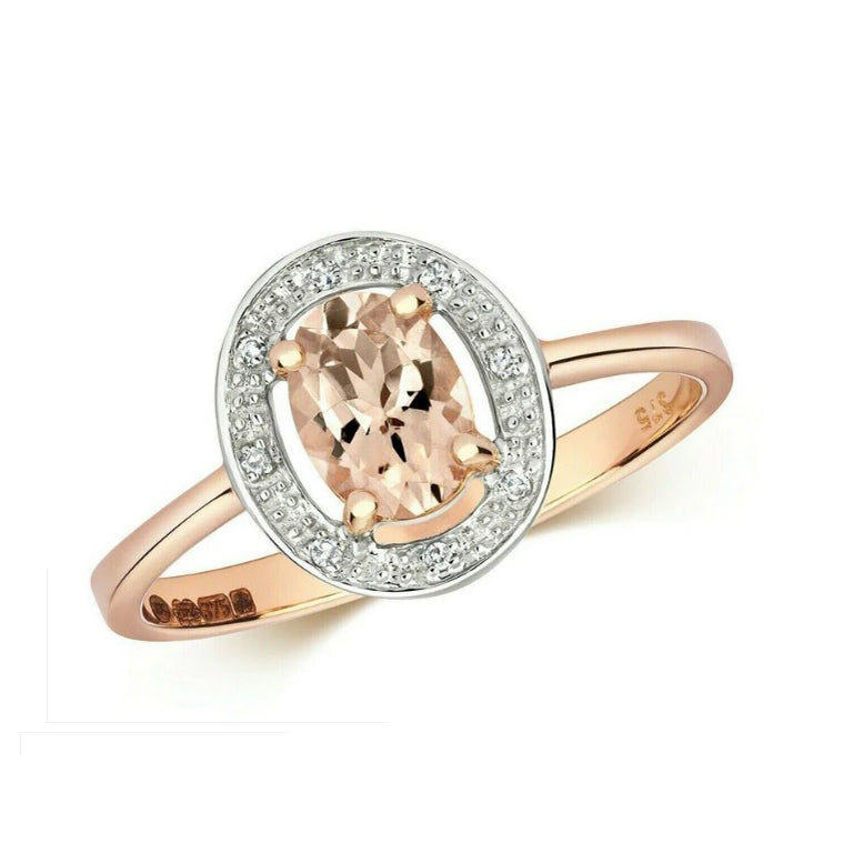 Real Morganite and Diamond Ring Solid Rose Gold Oval Halo Cluster Size J - Q