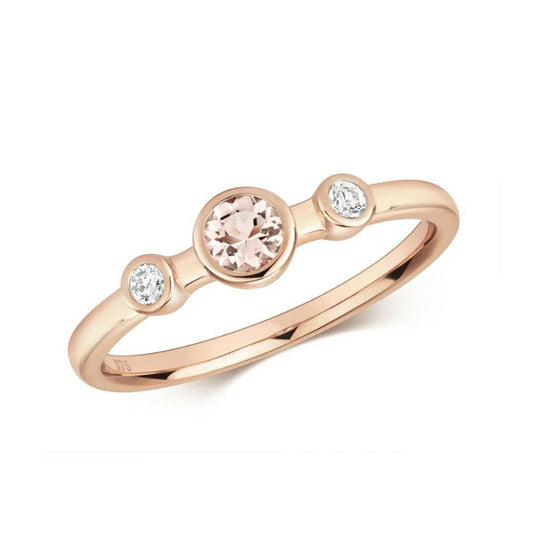 Real Morganite and Diamond Ring Solid Rose Gold Three Stone Solitaire Size J-Q