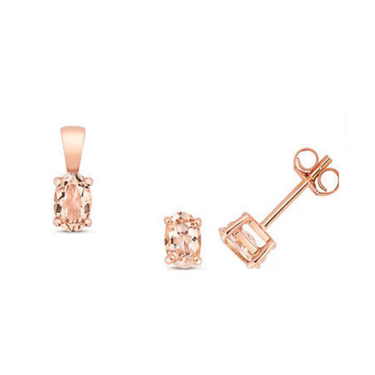 Morganite Pendant and Earrings Set Oval Solitaire Solid Rose Gold Hallmarked