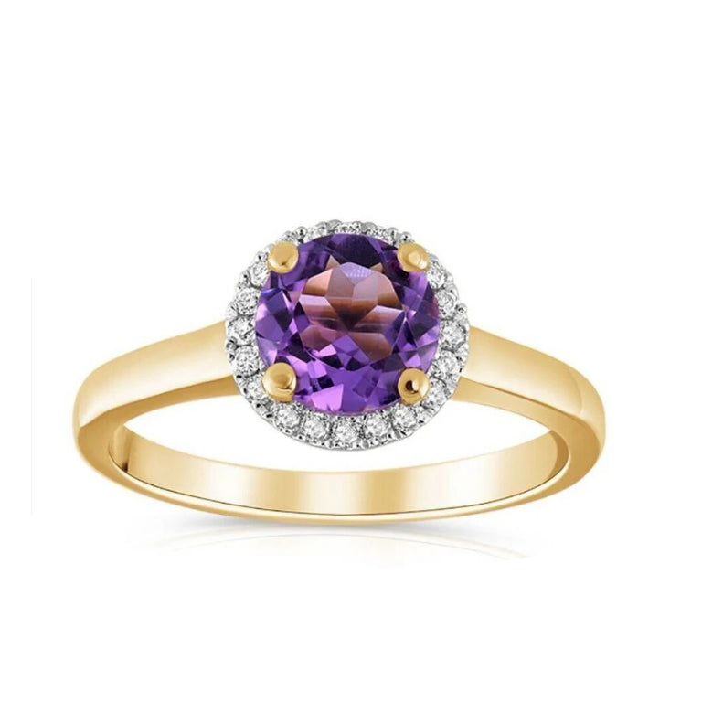 Real Amethyst and Diamond Ring Solid Yellow Gold Round Halo Engagement Size K-Q