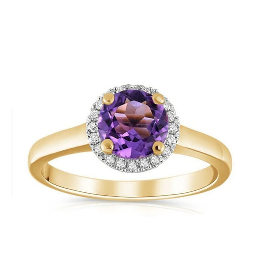 Real Amethyst and Diamond Ring Solid Yellow Gold Round Halo Engagement Size K-Q