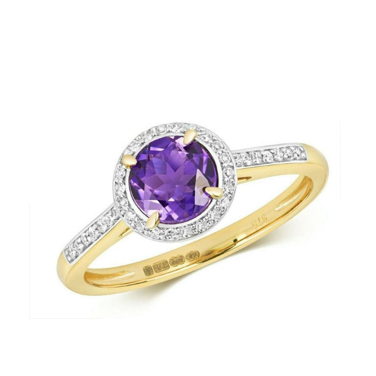 Real Amethyst and Diamond Ring Solid Yellow Gold Round Cluster Size J - Q