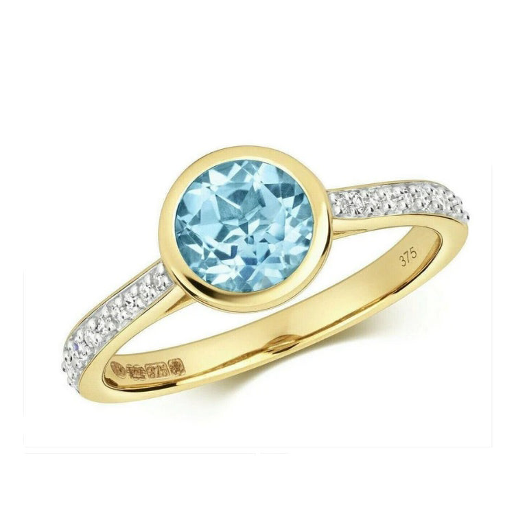 Real Swiss Blue Topaz and Diamond Ring Solid Yellow Gold Solitaire Size JKLMNOPQ
