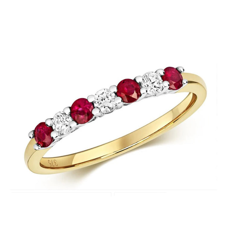 Real Ruby and Diamond Eternity Ring Solid Yellow Gold Slim Anniversary Band