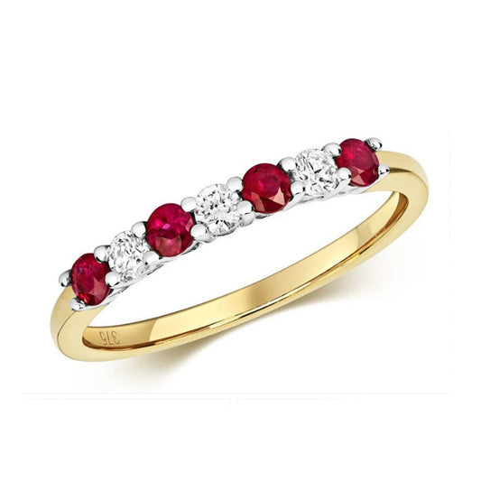 Real Ruby and Diamond Eternity Ring Solid Yellow Gold Slim Anniversary Band