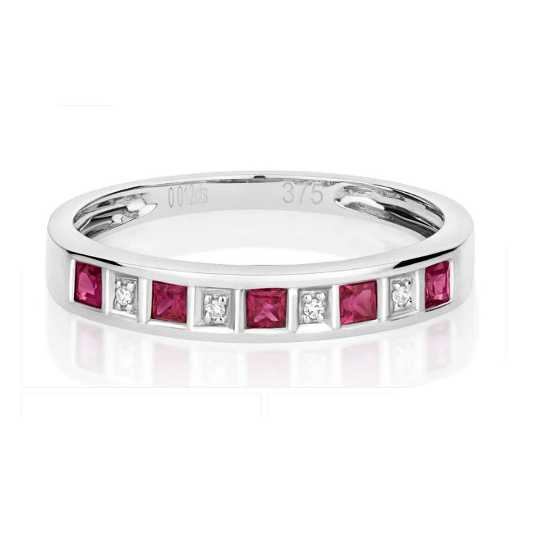 Real Ruby and Diamond Eternity Ring Solid White Gold Square Anniversary Band