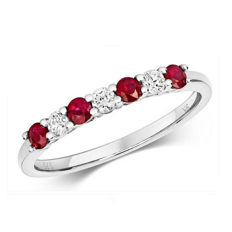Real Ruby and Diamond Eternity Ring Solid White Gold Slim Anniversary Band