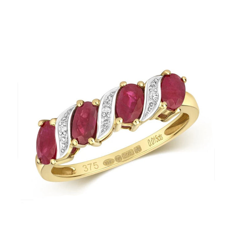 Real Ruby Ovals and Diamond Eternity Ring Solid Yellow Gold Anniversary Band