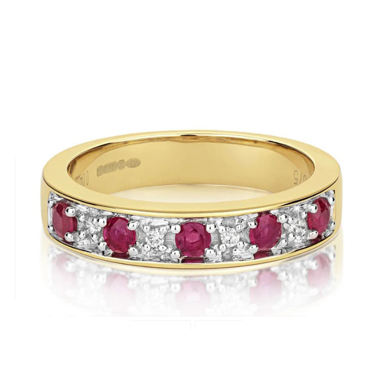 Real Ruby and Diamond Eternity Ring 9ct Yellow Gold Band Anniversary Size J - Q