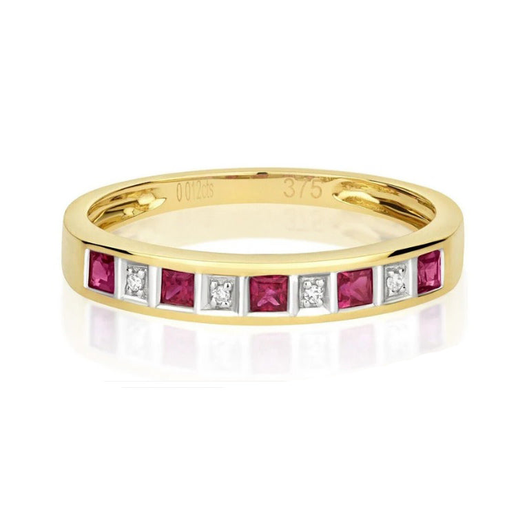 Real Ruby and Diamond Eternity Ring Solid Yellow Gold Square Anniversary Band