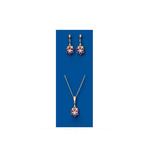 Ruby and Diamond Pendant and Earring Set Drop Earrings Yellow Gold