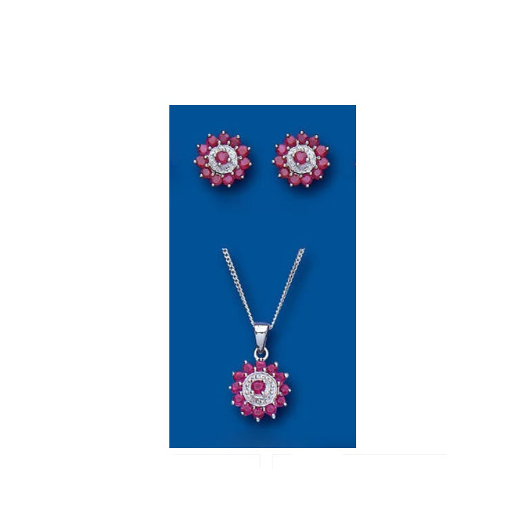 Ruby and Diamond Set Solid Sterling Silver Pendant and Stud Earrings