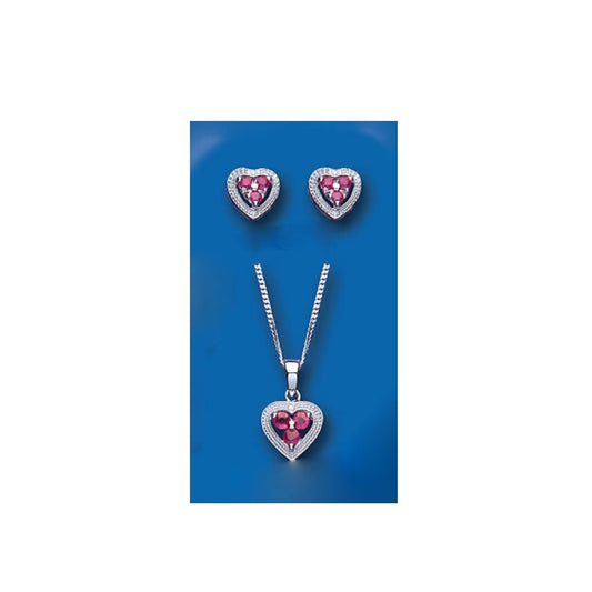 Ruby and Diamond Heart Set Pendant and Earrings Solid Sterling Silver