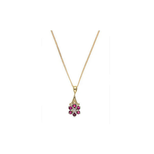 Ruby and Diamond Pendant Yellow Gold Cluster Necklace Hallmarked Natural Stones