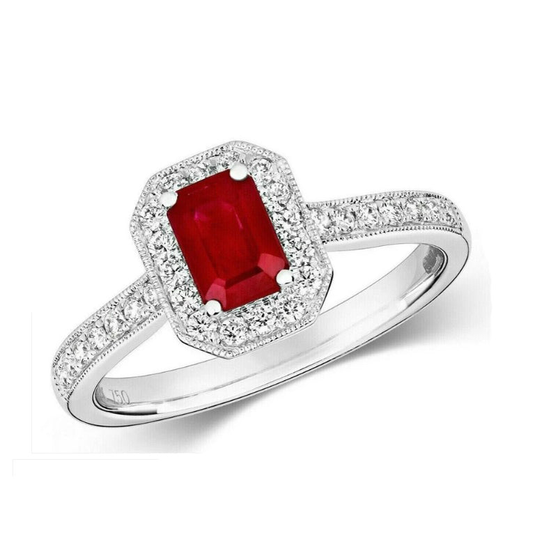 Real Ruby and Diamond Ring 18ct White Octagon Cluster