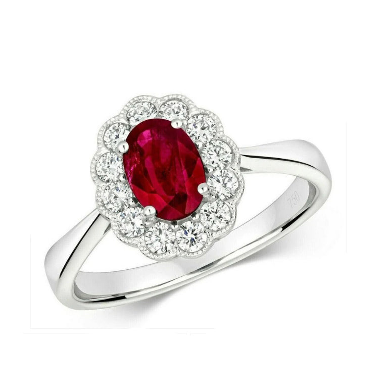 Real Ruby and Diamond Ring 18ct White Gold Oval Cluster 1.41 Carat Weight
