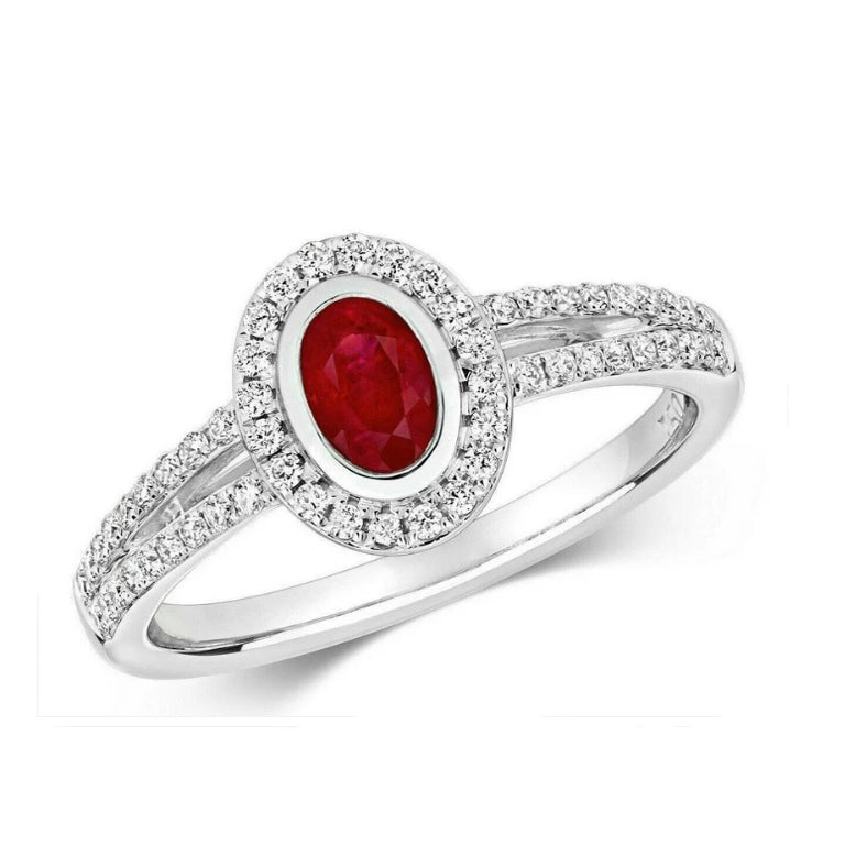 Real Ruby and Diamond Ring 18ct White Gold Cluster Oval Halo Split Shoulders