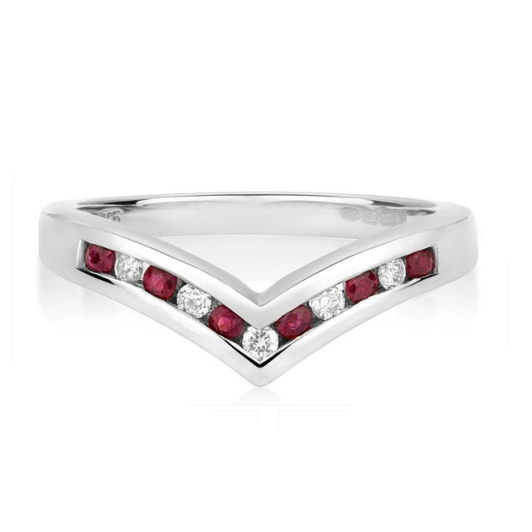 Real Ruby and Diamond Wishbone Ring Solid White Gold Eternity Anniversary
