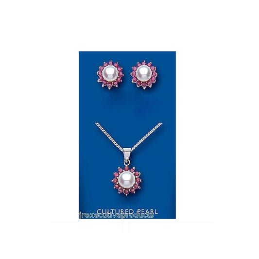 Ruby and Pearl Set Solid Sterling Silver Pendant and Stud Earrings