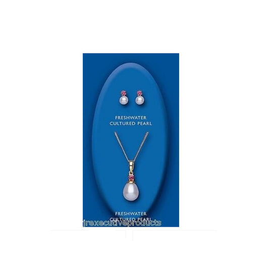 Ruby and Pearl Pendant and Earrings Set Solid Yellow Gold Hallmarked Freshwater