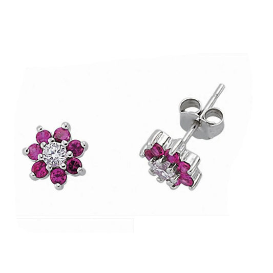 Ruby Cluster Stud Earrings Sterling Silver Rhodium Plate 925 Hallmark 8mm