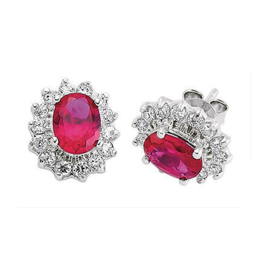 Ruby Earrings Cluster Stud Sterling Silver Studs Platinum Plated Oval