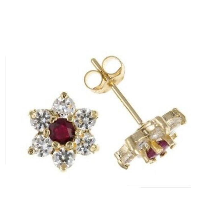 Real Ruby Cluster Stud Earrings 9ct Yellow Gold Studs Hallmarked