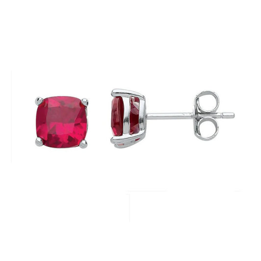 Ruby Cushion Stud Earrings Sterling Silver Rhodium Plated 925 Hallmark 6mm