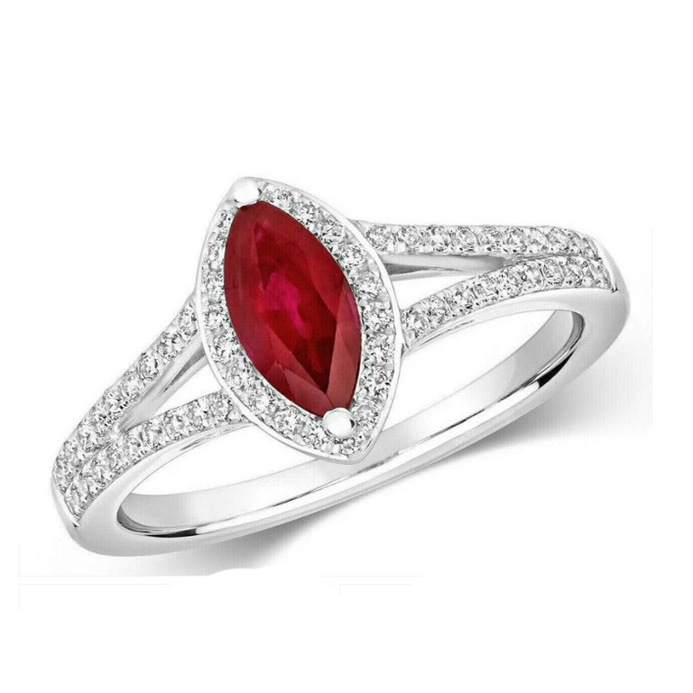 Real Ruby Marquise and Diamond Ring 18ct White Gold Cluster Engagement Halo