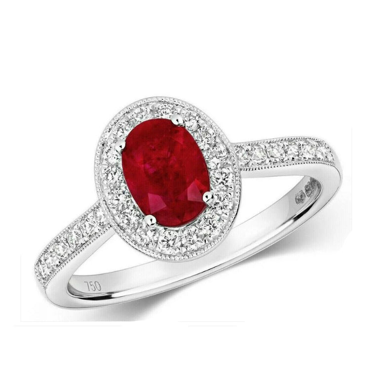 Real Ruby and Diamond Ring 18ct White Gold Oval Halo Cluster 1.33 Carat Weight