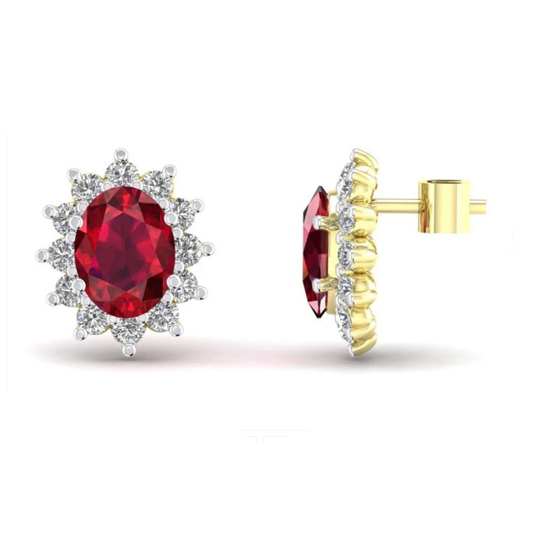 Ruby Oval Cluster Stud Earrings Solid 9ct Yellow Gold Claw Set Hallmarked