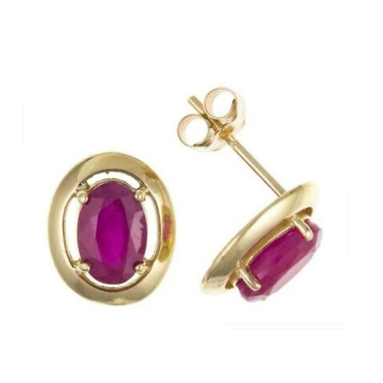 9ct Gold Ruby Stud Earrings Yellow Gold Oval Solitaire July Birthstone