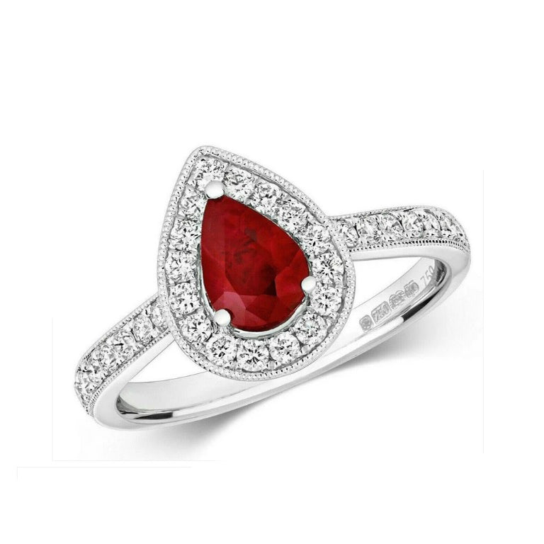 Real Ruby and Diamond Ring 18ct White Gold Pear Cluster Teardrop