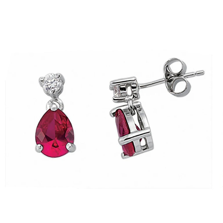 Ruby Pear Drop Earrings Solid Sterling Silver Rhodium Plated 925 Hallmark