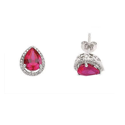 Ruby Earrings Solid Silver Stud Pear Platinum Plated Sterling Silver