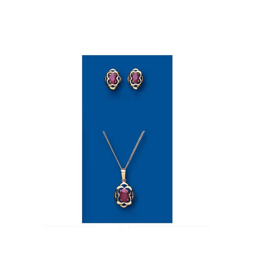 Gold Ruby Pendant and Earrings Set Solitaire Yellow Gold Solid Hallmarked