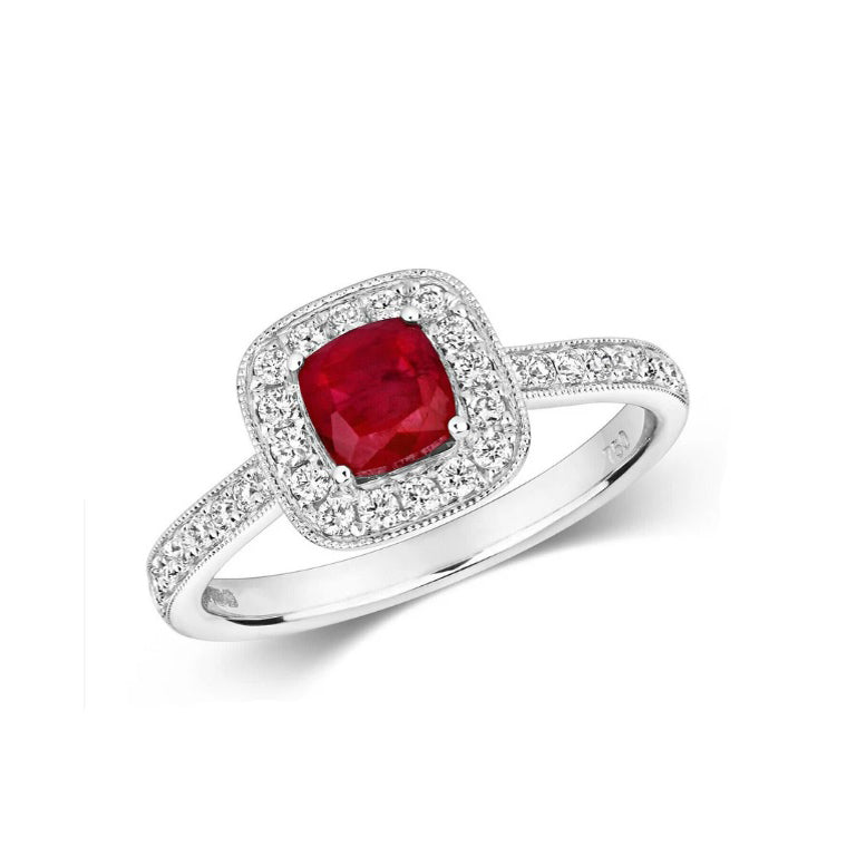 Real Ruby and Diamond Ring 18ct White Gold Square Cushion Halo Engagement