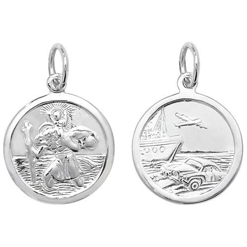 St Christopher Double Sided Pendant Solid Sterling Silver 17mm