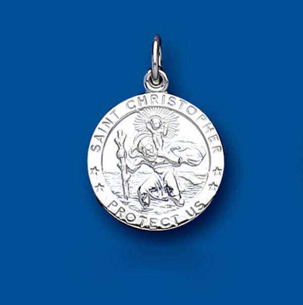 J R Jewellery Saint Christopher protect us pendant UK in polished silver with detailed engraving