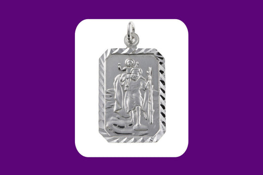 J R Jewellery sterling silver St Christopher pendant rectangular engraved medal with bevelled decorative border