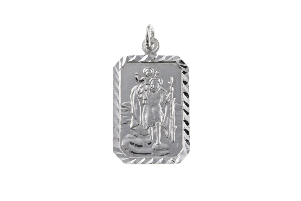 J R Jewellery sterling silver St Christopher pendant rectangular engraved plaque with textured border and hanging loop